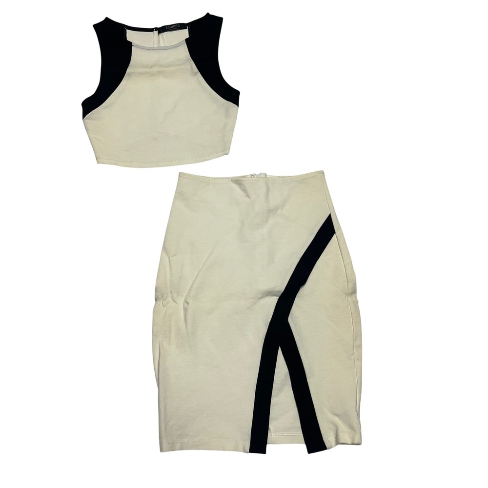 Cream Black Colorblock Crop Top Pencil Skirt Set Small‎